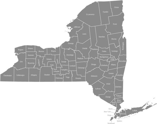 вектор карты округа нью-йорк обчертить серый фон. карта штата нью-йорк с сша границами и названиями округов помечены - new york stock illustrations