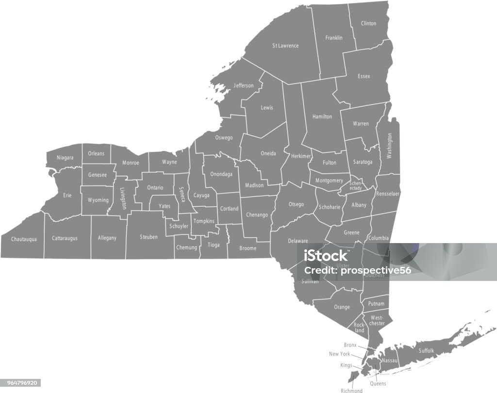 New York county map vector outline gray background. Map of New York state of USA with borders and counties names labeled Map stock vector