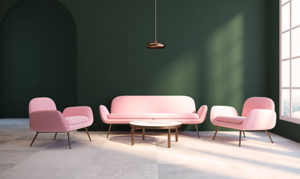 istock Empty green living room, pink armchair and sofa 964797130