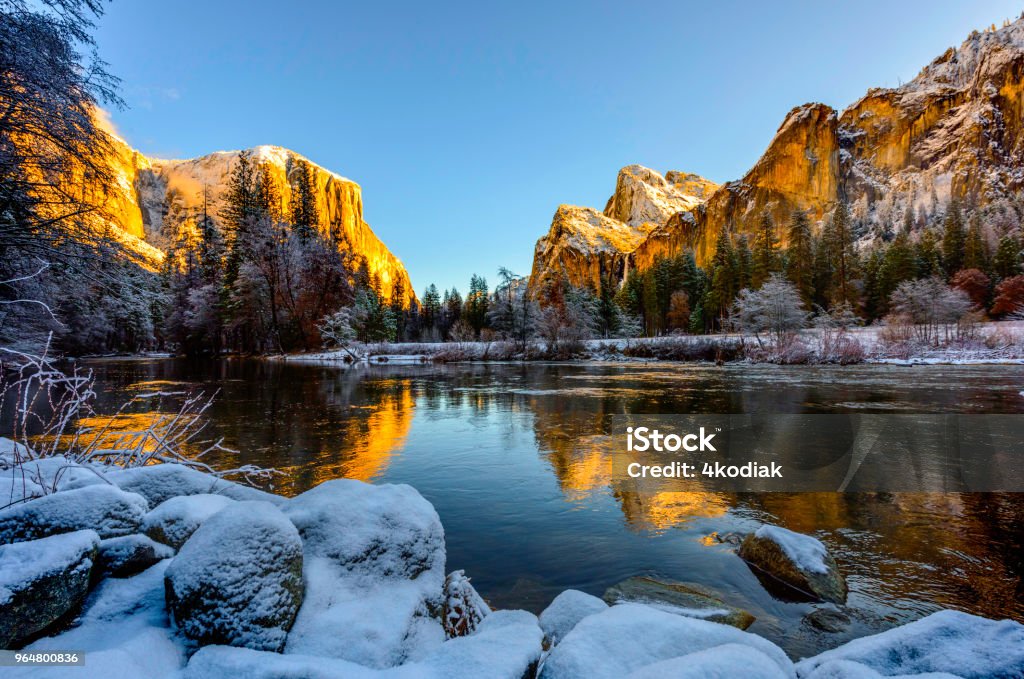 Winter Morning at Yosemite National Park Winter scene of Yosemite Winter Stock Photo