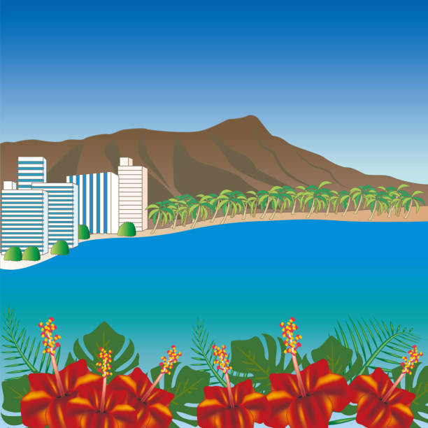 ilustraciones, imágenes clip art, dibujos animados e iconos de stock de paisaje de la playa de waikiki de hawai - sky sea town looking at view