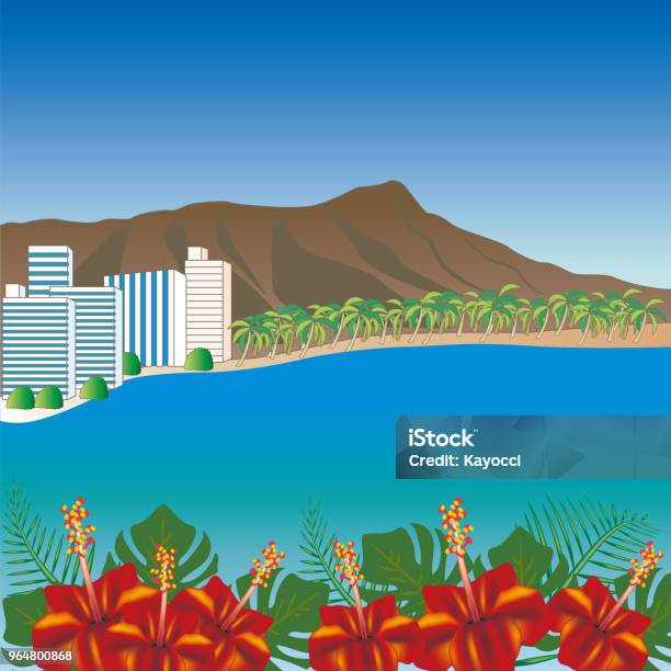 Ilustración de Paisaje De La Playa De Waikiki De Hawai y más Vectores Libres de Derechos Ilustración de Paisaje De La Playa De Waikiki De Hawai y más Vectores Libres de Derechos