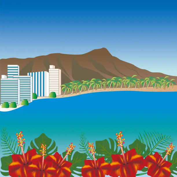 Vector illustration of Hawaii Waikiki Beach scenery