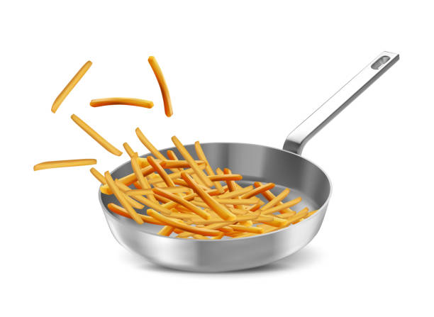 pommes frites in einer pfanne auf weißem hintergrund - french fries fast food french fries raw raw potato stock-grafiken, -clipart, -cartoons und -symbole