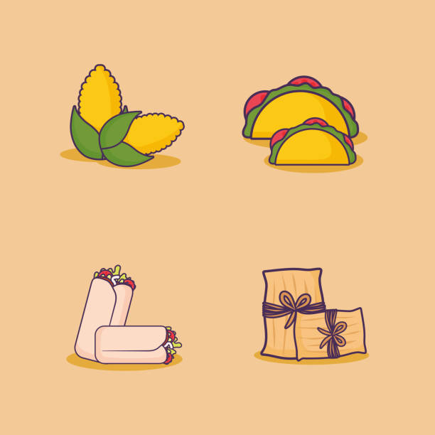 mexican food design icon set of mexican food related icons over orange background, colorful design. vector illustration tamales stock illustrations