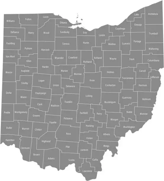 Vector illustration of Ohio county map vector outline gray background. Map of Ohio state of USA with borders and counties names labeled