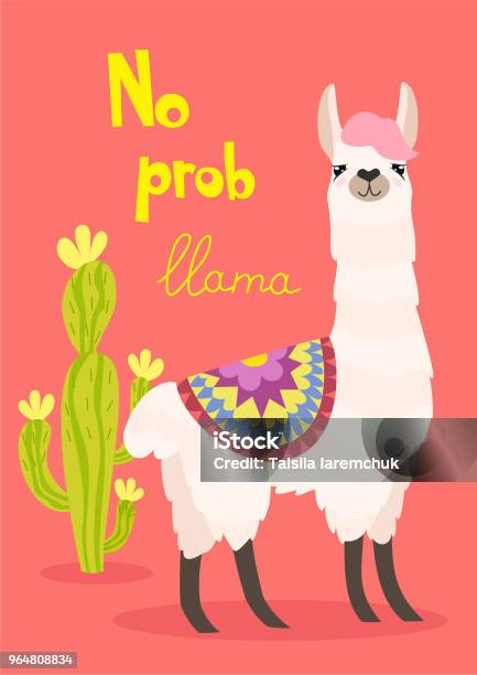 Stylish Cartoon Lama With Ornament Design And Cactus Vector Card Stock Illustration - Download Image Now