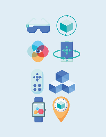 icon set of virtual reality concept over blue background, colorful design, vector illustration