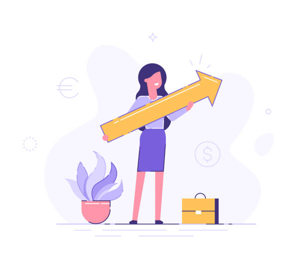 Business woman holding arrow pointing right up indicating success. Flat vector illustration. Business woman holding arrow pointing right up indicating success. Flat vector illustration. employment issues business currency making money stock illustrations