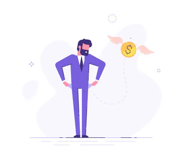 Vector illustration of Frustrated businessman is turning out his empty pockets. Financial troubles. Flat modern illustration.