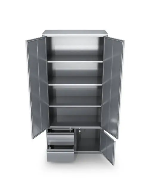 Photo of Metal cabinet with open doors, tools, documents. 3d illustration