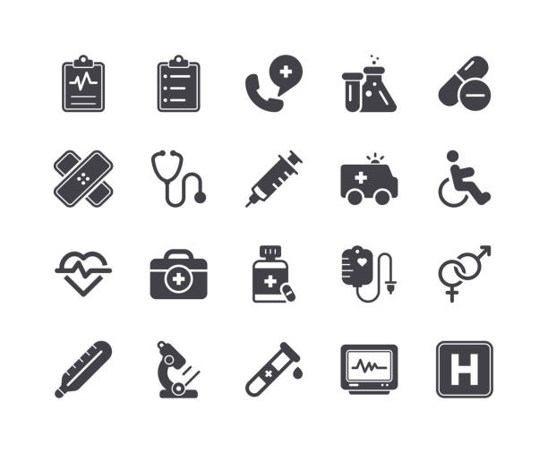 ilustraciones, imágenes clip art, dibujos animados e iconos de stock de mínimo conjunto de iconos de glifo médicos y de salud - salud