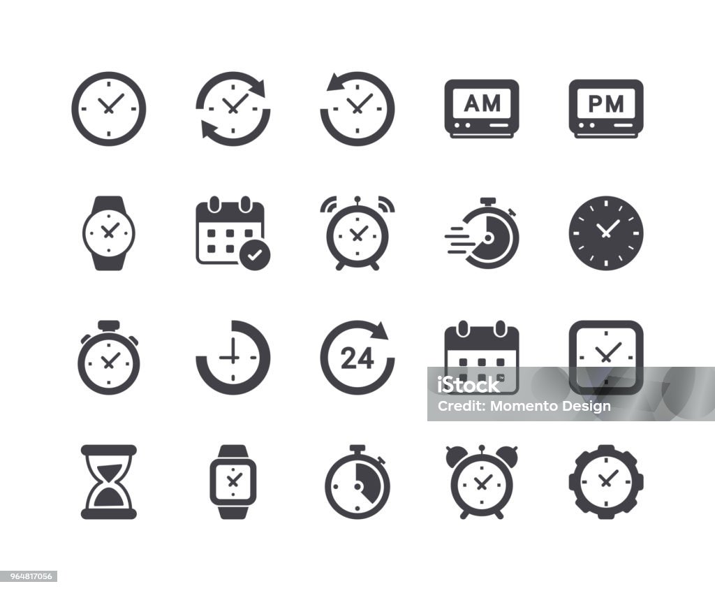 Minimalen Satz von Zeit und Uhr Glyphe Icons - Lizenzfrei Icon Vektorgrafik