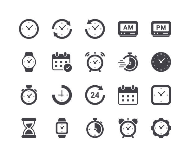 illustrations, cliparts, dessins animés et icônes de ensemble minimal de temps et horloge glyphe icônes - horloge