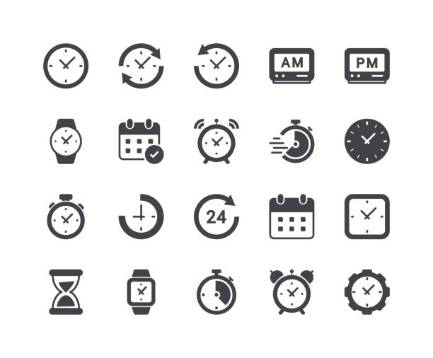 illustrazioni stock, clip art, cartoni animati e icone di tendenza di set minimo di icone del glifo dell'ora e dell'orologio - orologio