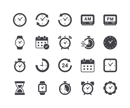 Minimal Set of Time and Clock Glyph Icons