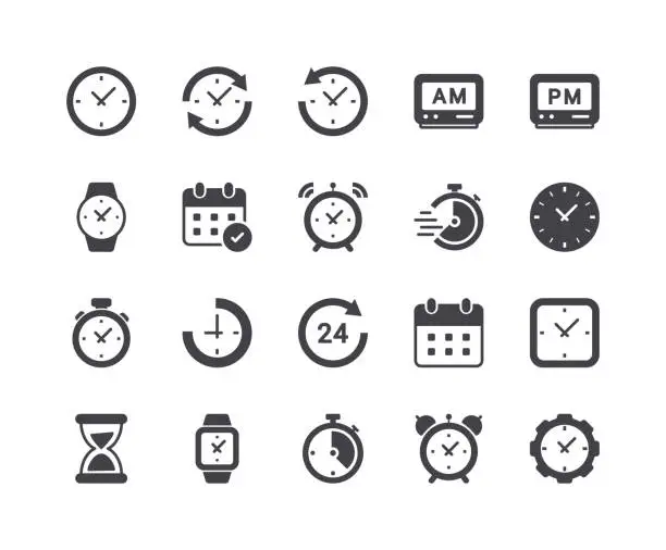 Vector illustration of Minimal Set of Time and Clock Glyph Icons