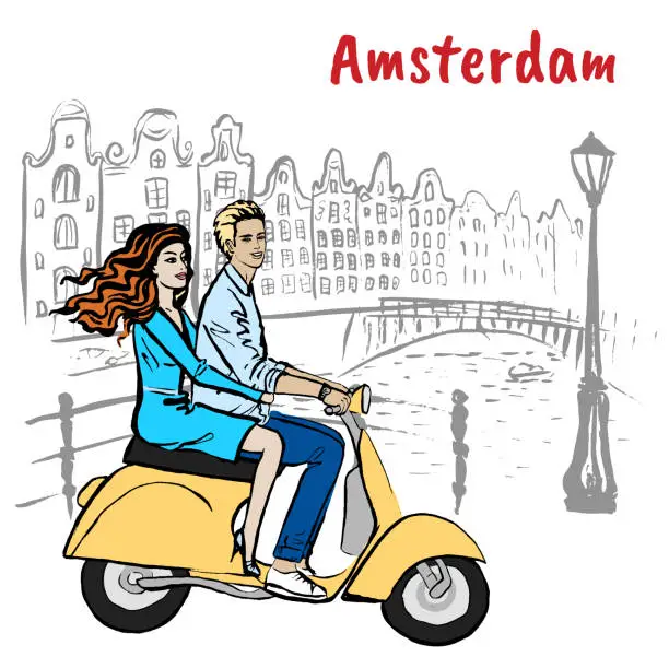 Vector illustration of couple driving scooter in Amsterdam