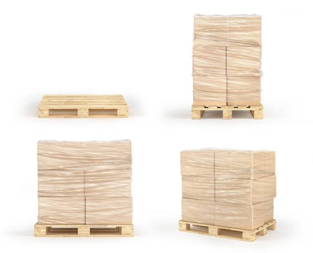 istock Cardboard boxes wrapped polyethylene on wooden pallet isolated on white background. 3d illustration 964824468