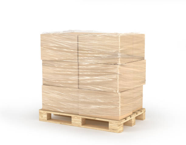 istock Cardboard boxes wrapped polyethylene on wooden pallet isolated on white background. 3d illustration 964824572