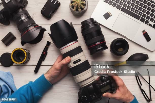 Maintenance Of Photo Camera After Cleaning Stock Photo - Download Image Now - Lens - Optical Instrument, Digital Single-Lens Reflex Camera, Repairing