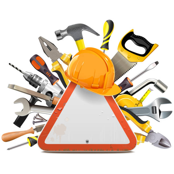 illustrations, cliparts, dessins animés et icônes de panneau de signalisation de vecteur avec outils - adjustable wrench wrench orange hand tool