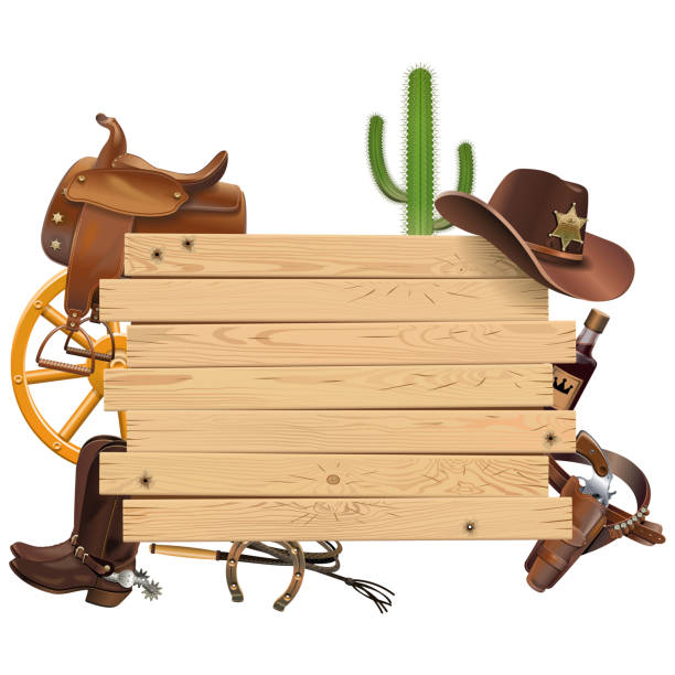 illustrazioni stock, clip art, cartoni animati e icone di tendenza di vector western board con accessori cowboy - horseshoe cowboy fire cowboy hat