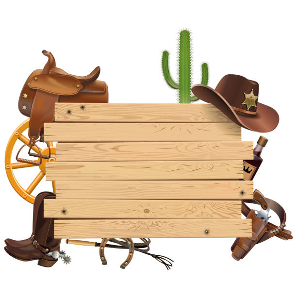 vector western board z akcesoriami kowbojskimi - cowboy hat wild west hat wood stock illustrations