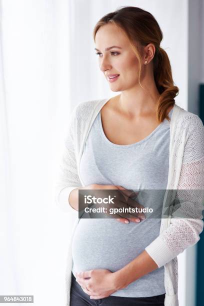 Affectionate Pregnant Woman Looking Through Window Stock Photo - Download Image Now - Pregnant, Women, Standing