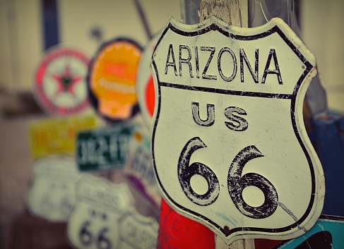 View of the route 66 decorations in the city of Seligman in Arizona.
