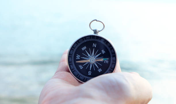 istock Compass in the hand with sea background. 964851276