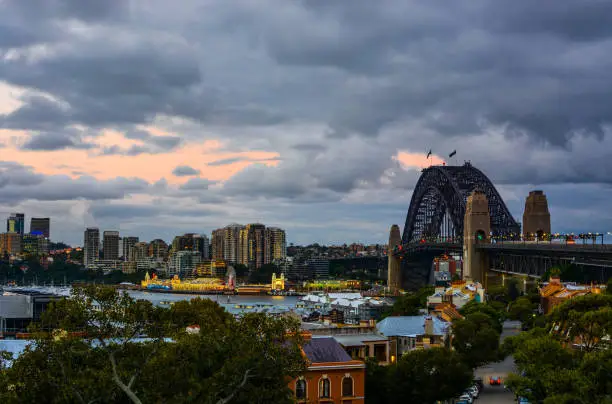Dramatic cloudy sky with the last colors of the sunset fading over Sydney Harbour Bridge and the waterfront area.