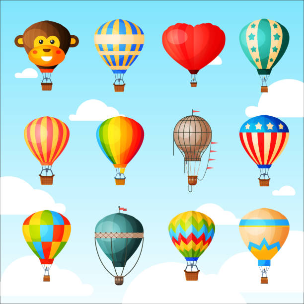 ballon vektor cartoon-ballon oder aerostat mit korb fliegen in den himmel und ballonfahren abenteuer flug abbildung satz positionsnummer reisen auf hintergrund isoliert - hot air balloon illustrations stock-grafiken, -clipart, -cartoons und -symbole