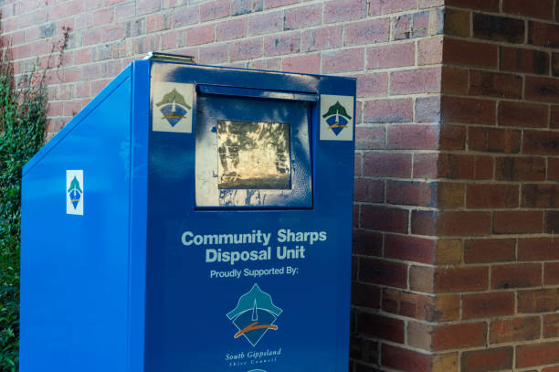 Leongatha, Australia - January 28, 2018: community sharps disposal unit in Leongatha in South Gippsland. The sharps disposal unit is for disposal of syringes and needles.