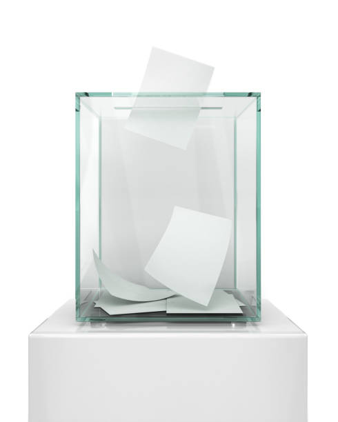 istock Realistic empty transparent ballot box with voting paper in hole. 3d illustration 964858962