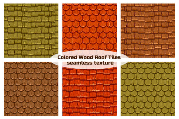 Seamless Old Wood Roof Tiles Cartoon wooden old roofing Roof Tiles Seamless Background, collection texture roof tile stock illustrations