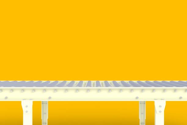 istock Empty white conveyor line isolated on a yellow background, Delivery concept, For product display, 3d rendering 964864182