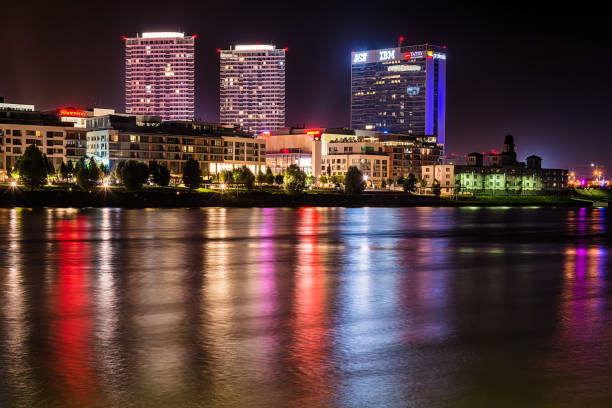 Bratislava, Slovakia May 23, 2018: Bratislava at night, with the city lights reflected in the Danube river.