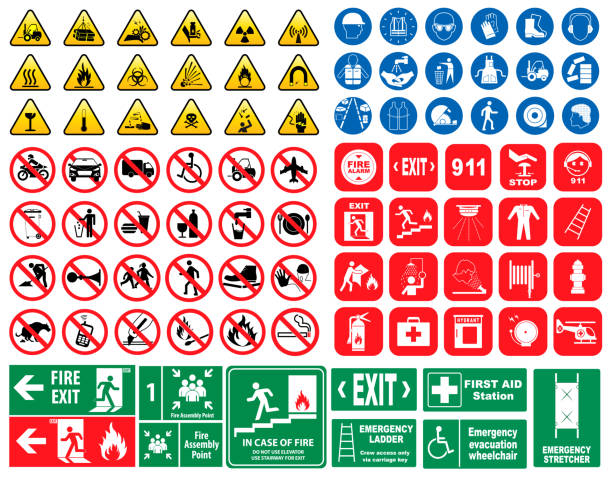 ilustraciones, imágenes clip art, dibujos animados e iconos de stock de conjunto de signo obligatorio, peligro, había prohibido señal, señal de emergencia de incendio. - símbolos