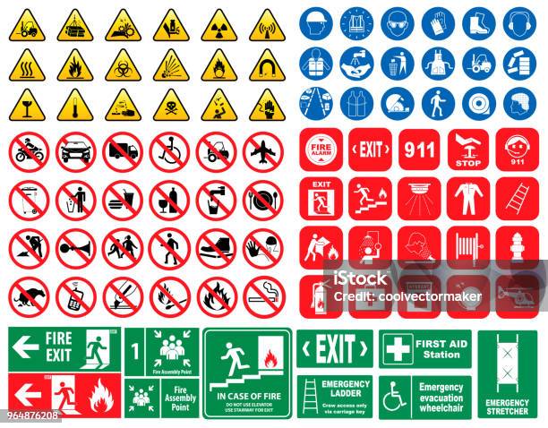 Set Of Mandatory Sign Hazard Sign Prohibited Sign Fire Emergency Sign Stock Illustration - Download Image Now