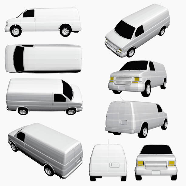 ilustraciones, imágenes clip art, dibujos animados e iconos de stock de conjunto con una furgoneta en diferentes posiciones - isometric truck traffic semi truck