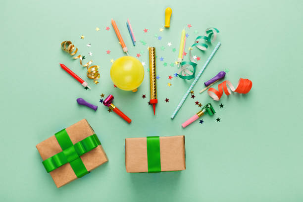 istock Birthday party background with gift and confetti 964877146