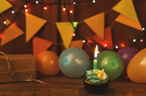 istock Chocolate cupcake with candle against festive background 964879578