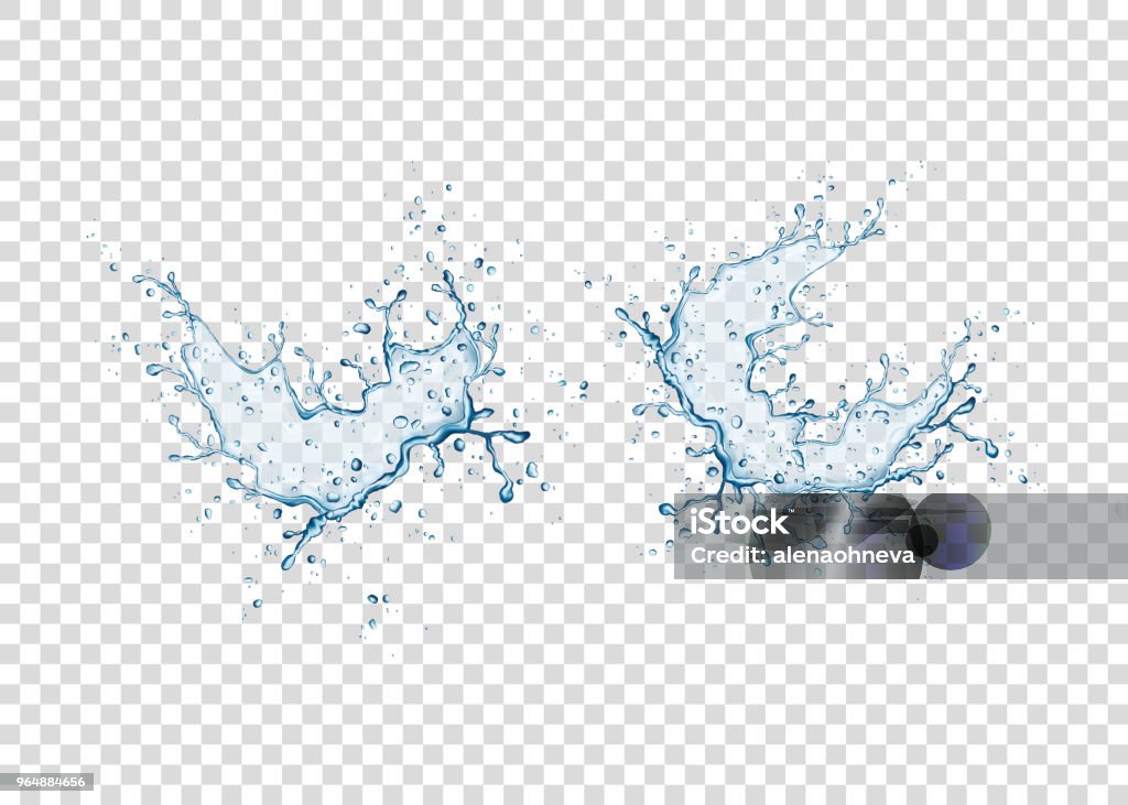 Respingos de água realista de azul sobre fundo transparente. - Vetor de Água royalty-free