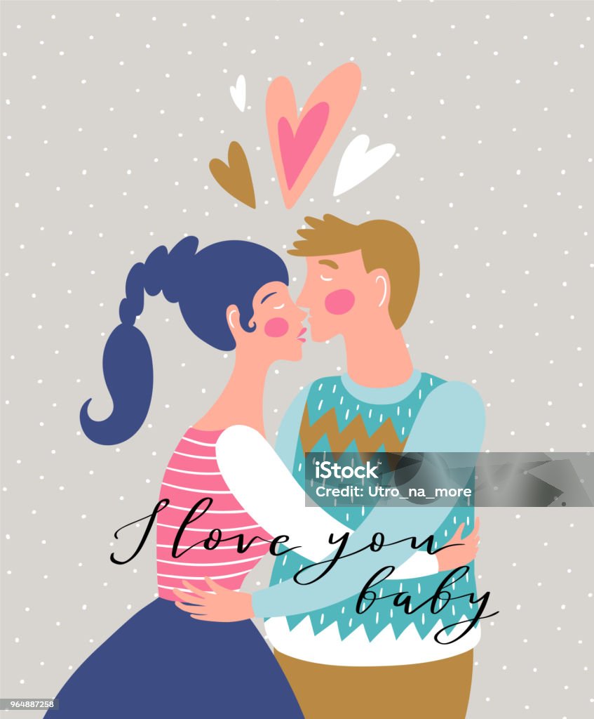 Kissing Couple On The Polka Dot Background With Lettering I Love You Baby  Valentines Day Card Cute Couple In Love Vector Illustration In Hand Drawn  Style Stock Illustration - Download Image Now -
