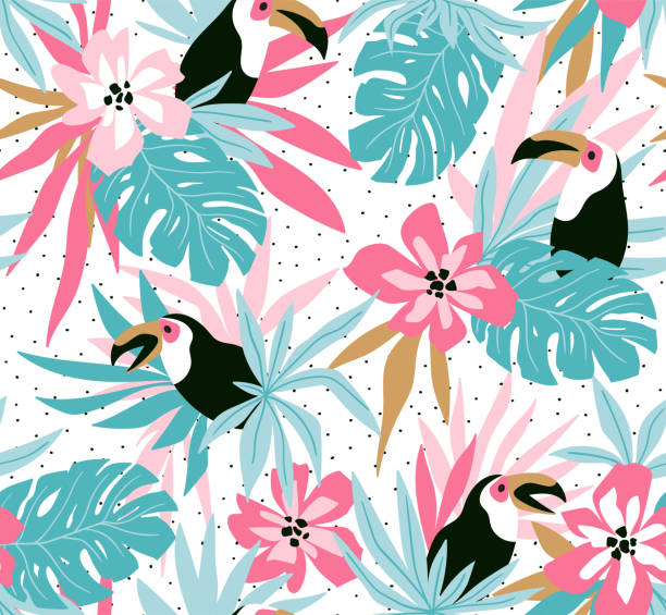 illustrations, cliparts, dessins animés et icônes de floral fond avec des fleurs tropicales, les feuilles et les toucans. modèle sans couture de vecteur pour design tissu élégant. - 3518