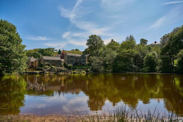 Old Mill Pond at Marsden, a tranquil summer scene stock photo