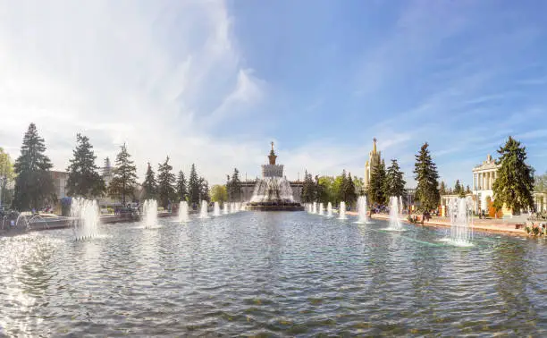 The Stone Flower Fountain stands in the so-called "Industrial Square" of the Exhibition of Economic Achievements (VDNH). Moscow, Russia