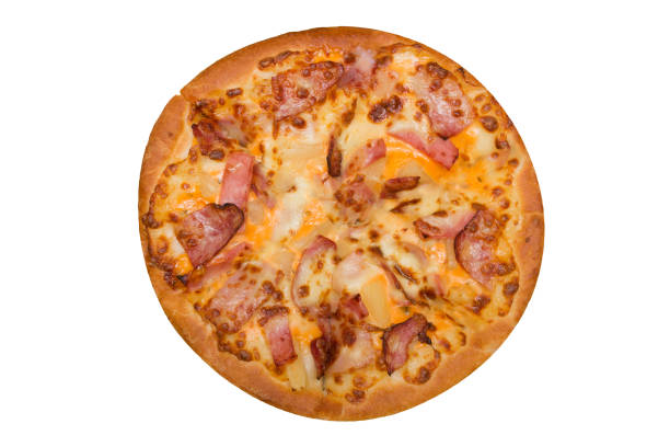 istock Top view of Hawaiian pizza, isolated on white 964895318