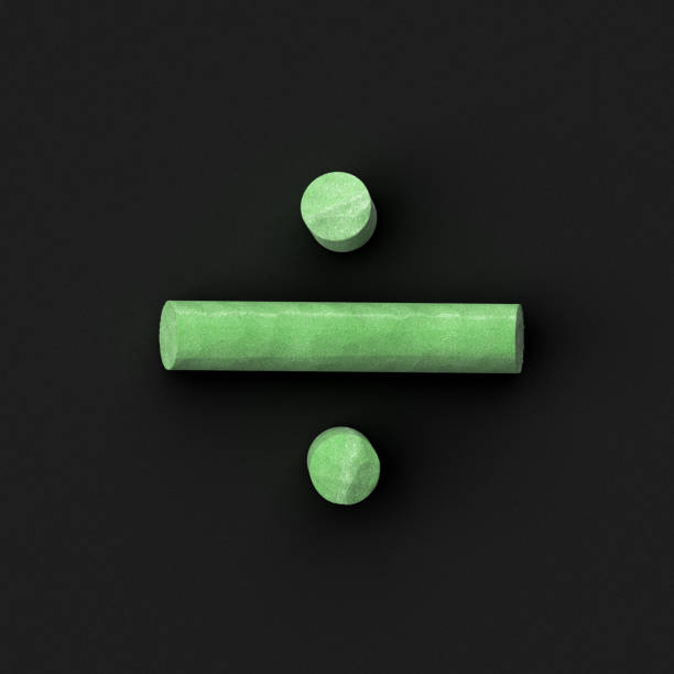 Green sidewalk or blackboard chalks assembled like mathematical operation division or obelus symbol on rough blackboard, 3D rendered font image for education, art and childish typography